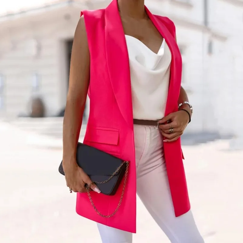 

Женский однотонный блейзер без рукавов, жилет средней длины на одной пуговице с карманами с клапаном, офисный костюм с лацканами, лето