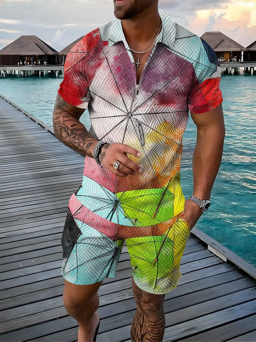 

2022 Colorful Men's Set POLO Shirt Short Sleeve T-Shirt + Shorts Fashion Fitness Graffiti Sports Suit Casual Street 2 Piece Sets