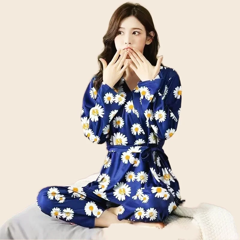 Cotton Pajamas Set Full Sleeve Belt Robe Long Pants 2Piece/Set Autumn Sexy Flower Print Pyjama Big Size Mom Homewear Cozy Plus