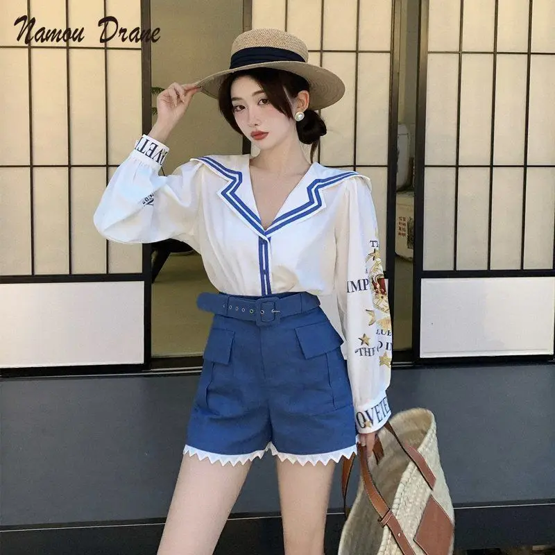 

Рубашка с воротником Namou Drane женская, костюм из двух предметов, дизайнерский тонкий белый топ с длинным рукавом и шорты