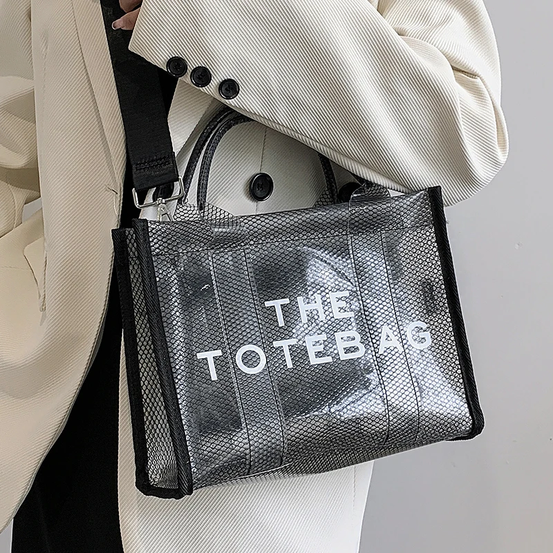 2023 Female Mesh Tote Bag Black Transparent Waterproof Summer Beach Women's Handbag Letter Print Ladies PVC Jelly Shoulder Bags