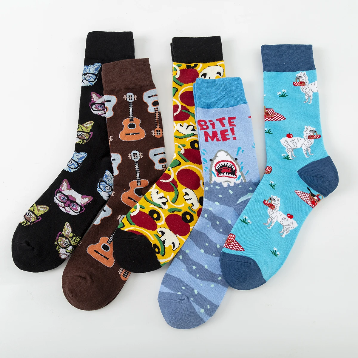 5 Pairs New Color Fashion Casual Men Cotton Socks Happy Cat Guitar Mushroom Alpaca Shark Funny Socks for Men Wholesale