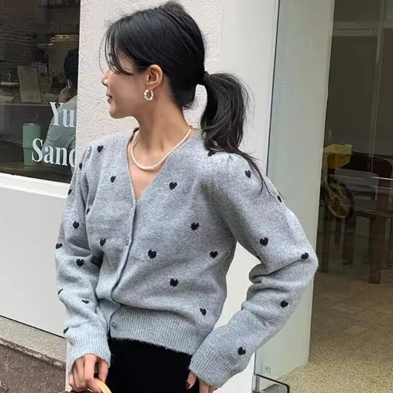 Жаккардовый женский кардиган Love Heart 2024 однобортный верхний костюм с v-образным