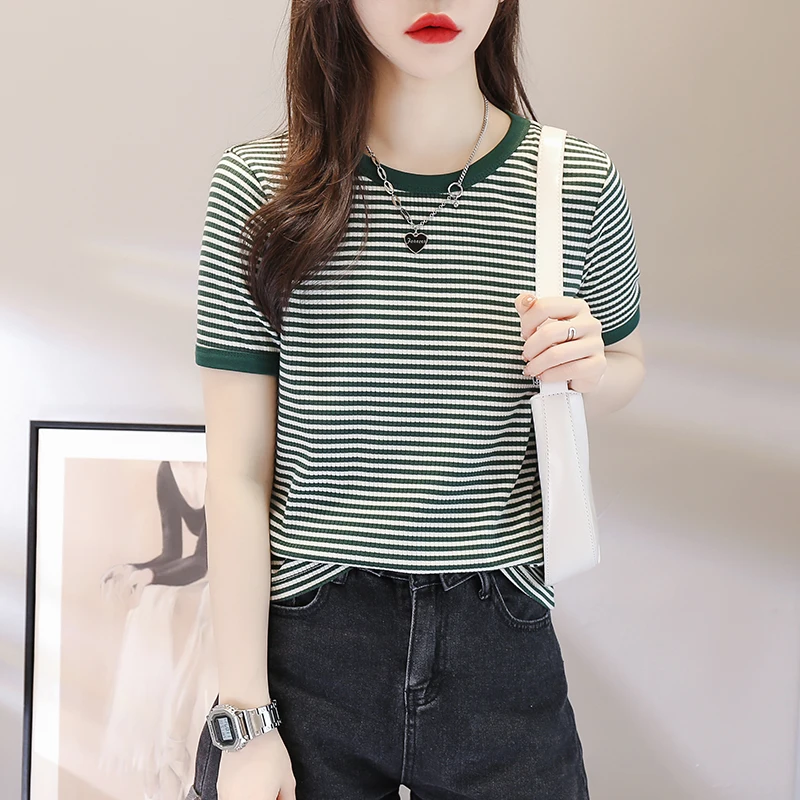 

Gaodinglan Summer Women Pit Strip Pinstripe T-shirts Y2k Large Size Female Short Sleeve Tops Fashion Round Neck Tee Shirt Female