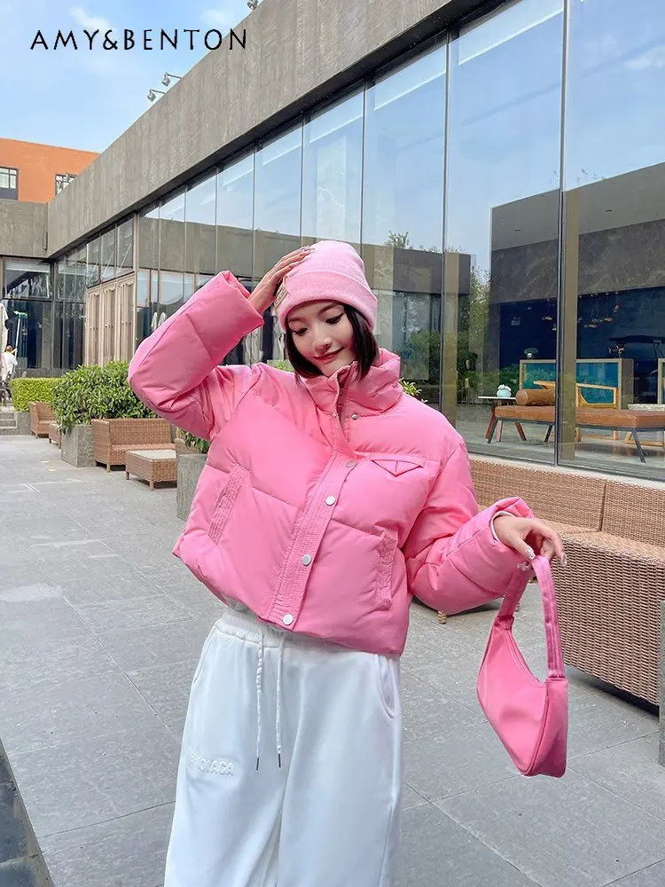 Korean Style Short Down Jacket New Stand Collar Loose Slimming Fashionable All-Match Candy Color Cotton coat for Women