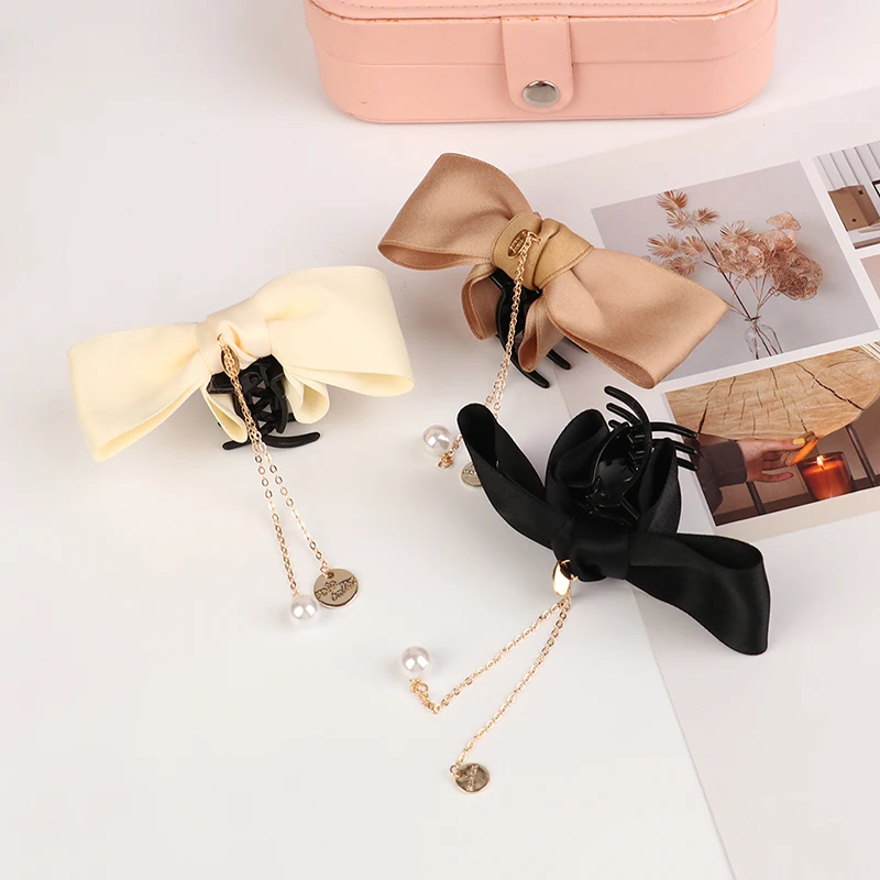 

Women Elegant Chiffon Bow Pearl Pendant Metal Hair Claws Sweet Hair Decorate Back Head Hair Clips Fashion Hair Accessories
