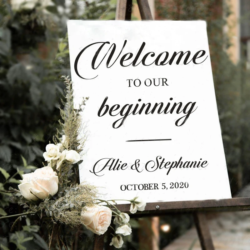 

Добро пожаловать к нашему началу, Виниловая наклейка, Свадебный знак приветствия, наклейка, Свадебный декор, персонализированная Фотообои