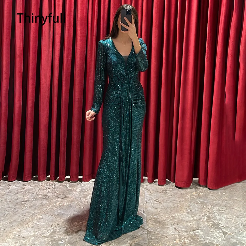 

Thinyfull Sequined Evening Party Dresses Long Sleeve Mermaid Prom Gowns Floor Length Formal Occasion Dresses Saudi Arabia