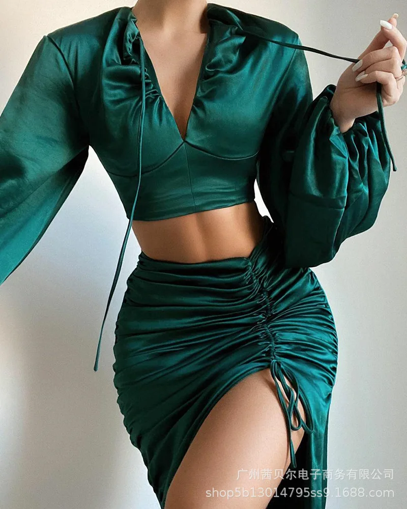 

Elegant Satin Casual Green Party Two Piece Set Sexy V Neck Tops & High Split Long Skirts Suit 2022 Spring Autumn Skirt Party Set