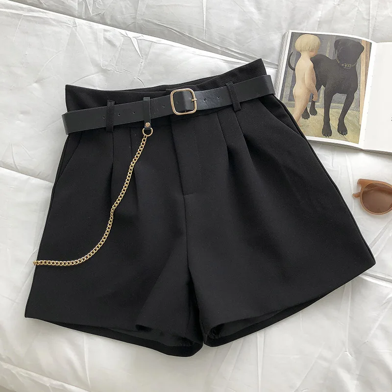 Vintage Wide Leg Shorts Women High Waist Woolen Short Pants with Belt Casual Elegant Summer Pockets Streetwear Chain Office Lady