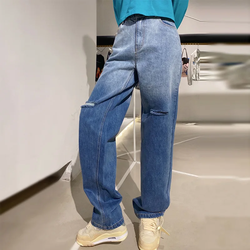 

Fashion New Gradient Blue Personality Ripped Jeans Women's Loose Drape High Waist and Thin Wide-leg Pants 2021 Autumn and Winter