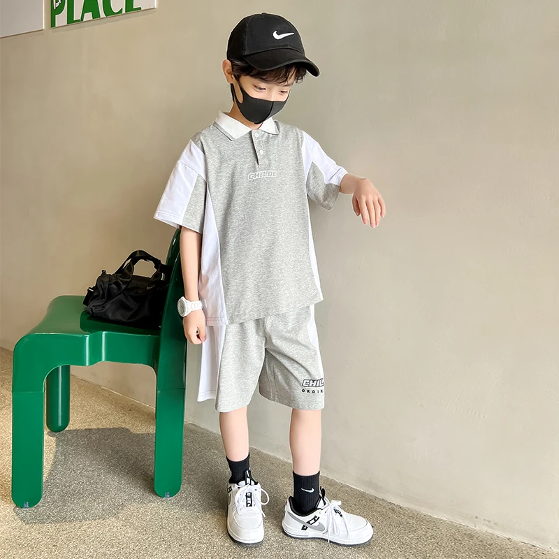 Children's Summer Clothing Set For Boys 2022 New Korean Style Kids Two-piece Tracksuit Patchwork Polo Shirt + Shorts Suit 5-14 Y