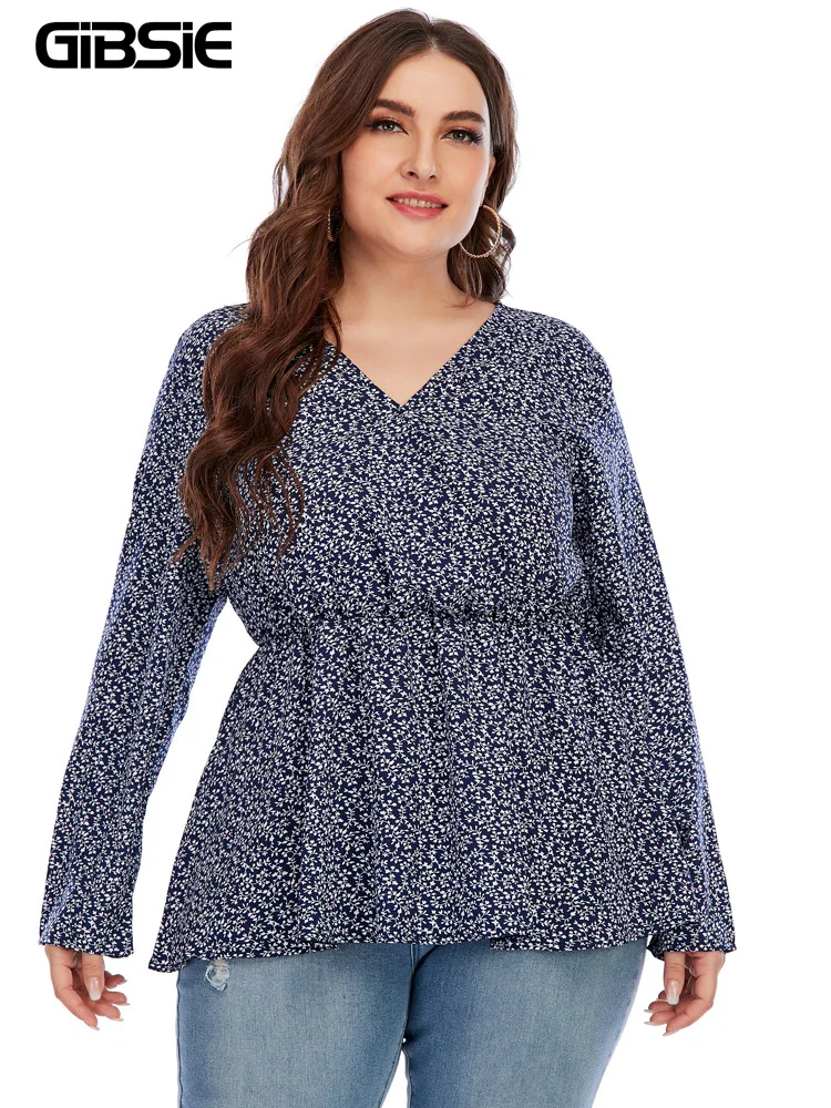 Женская блузка с V-образным вырезом длинным рукавом и баской |