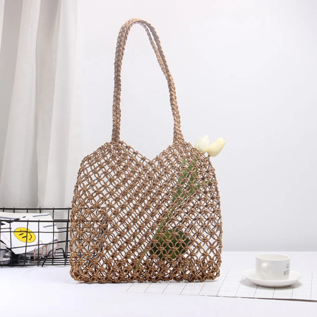 

Girl Accessories Straw Woven Handbag Women Travel Holiday Bag New Hollow Mesh Copper Coin Buckle Twist Decoration Storage Bag