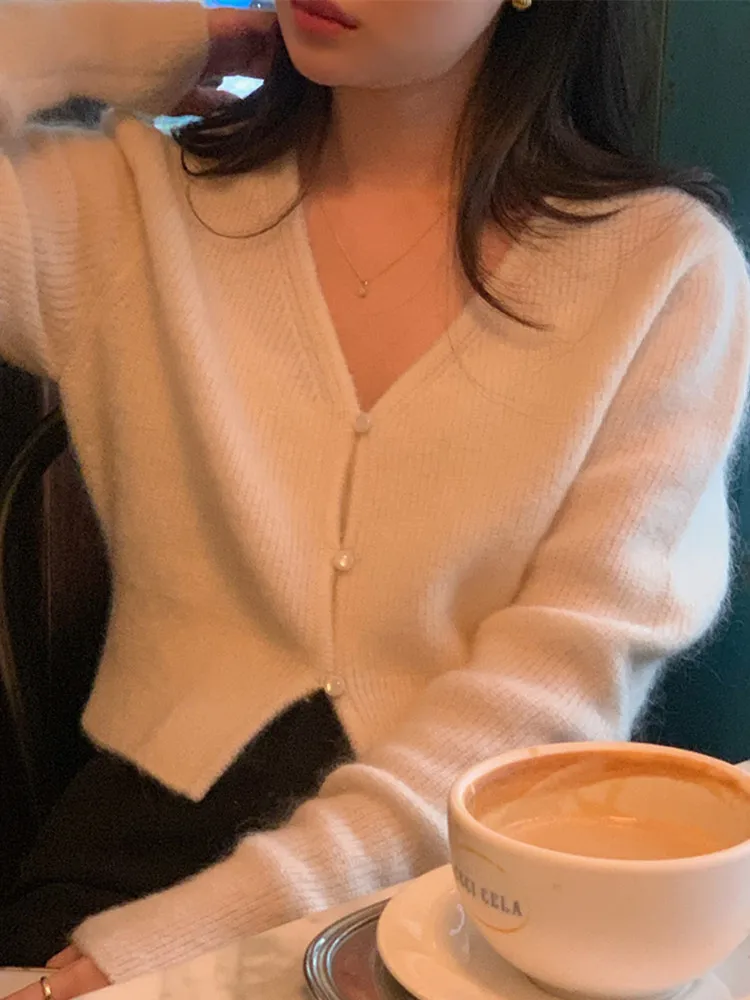 

Korean Style Short Sweater Women Spring Autumn V-neck Single Breasted Solid Color Long Sleeve Casual Knitted Cardigans Coats