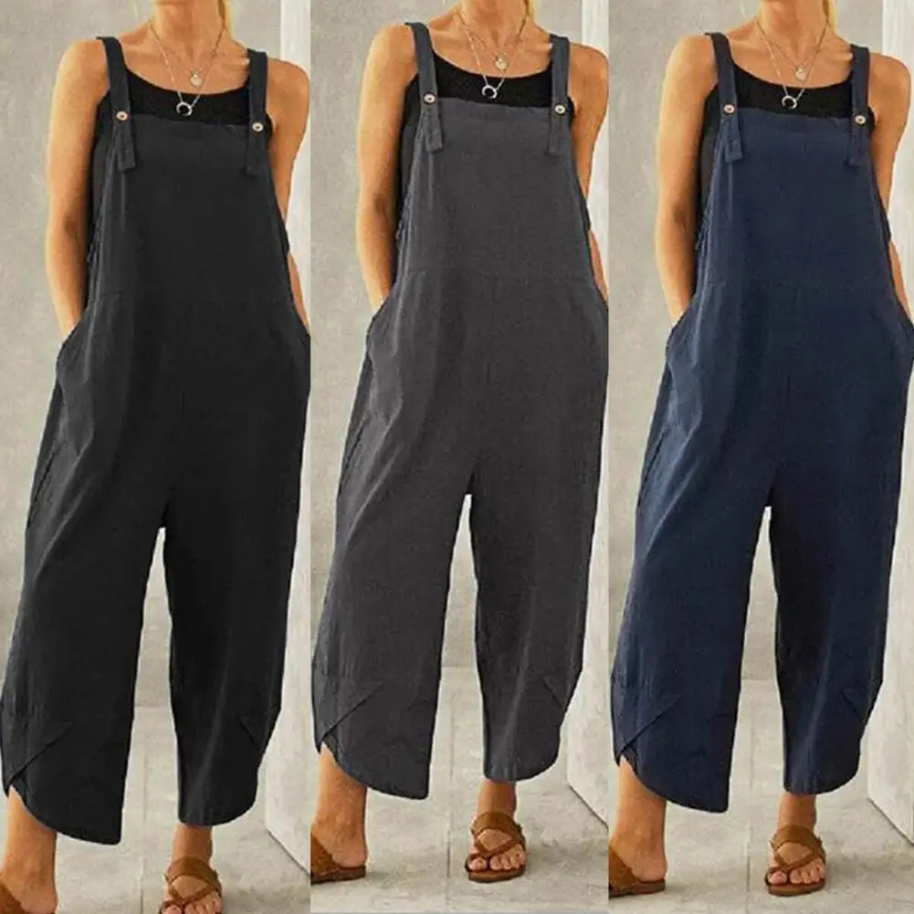 

Irregular Leg Opening Women Solid Color Shoulder Strap Jumpsuit for Daily Wear