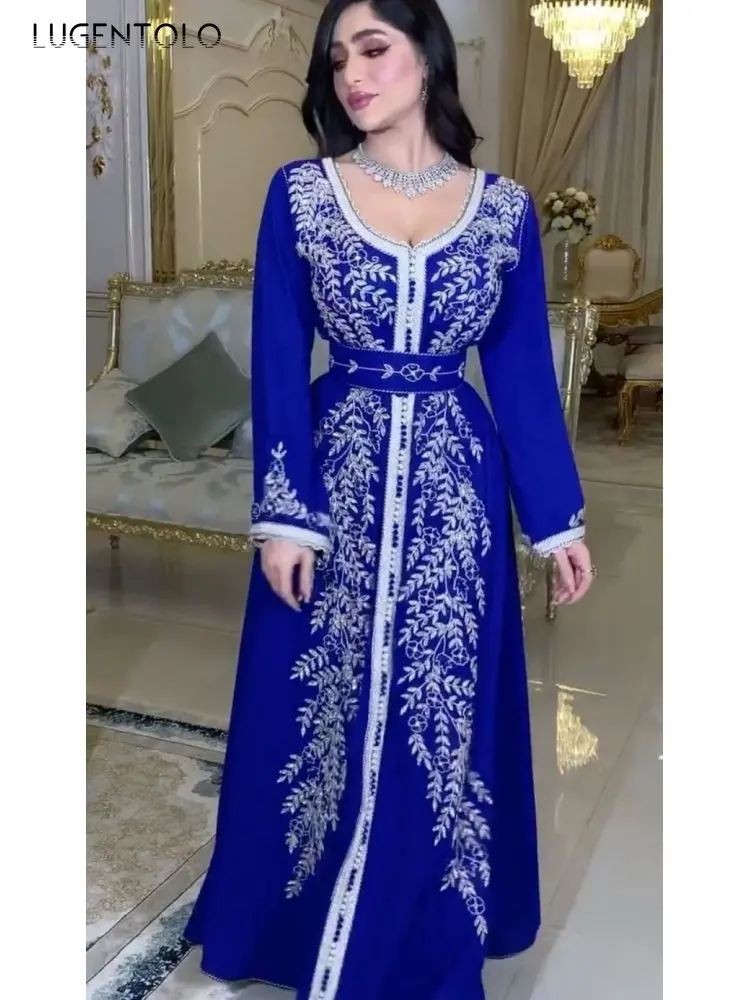 

Женское вечернее платье со стразами, голубое платье с длинным рукавом и V-образным вырезом, элегантное платье макси для ужина