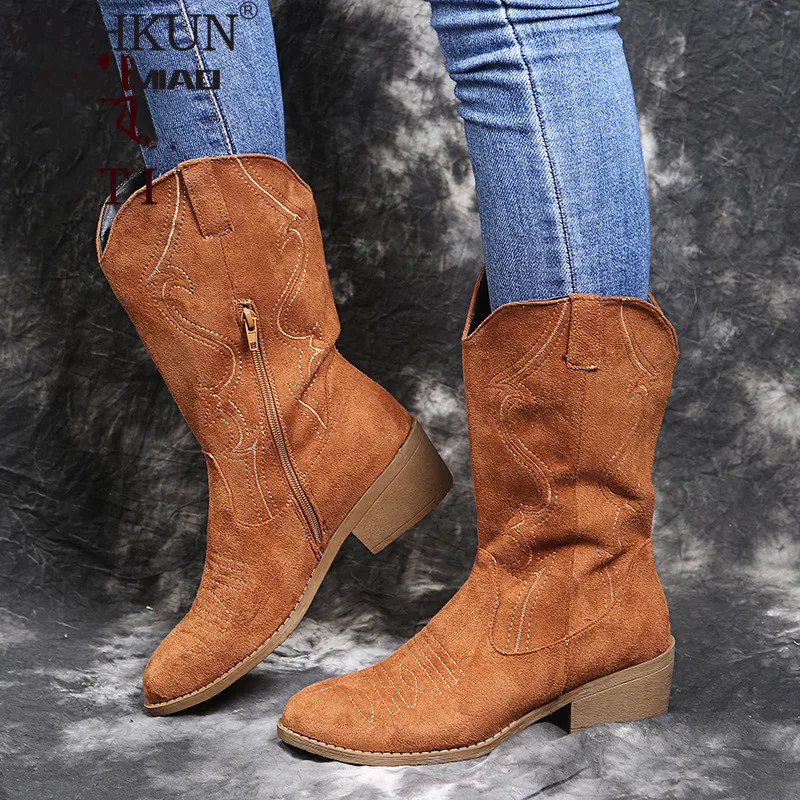 

Women Western Boots Autumn Vintage Long Tube Knight Boot Female Embroider High Heel Leather Shoes Knee-High Cowboy Boots