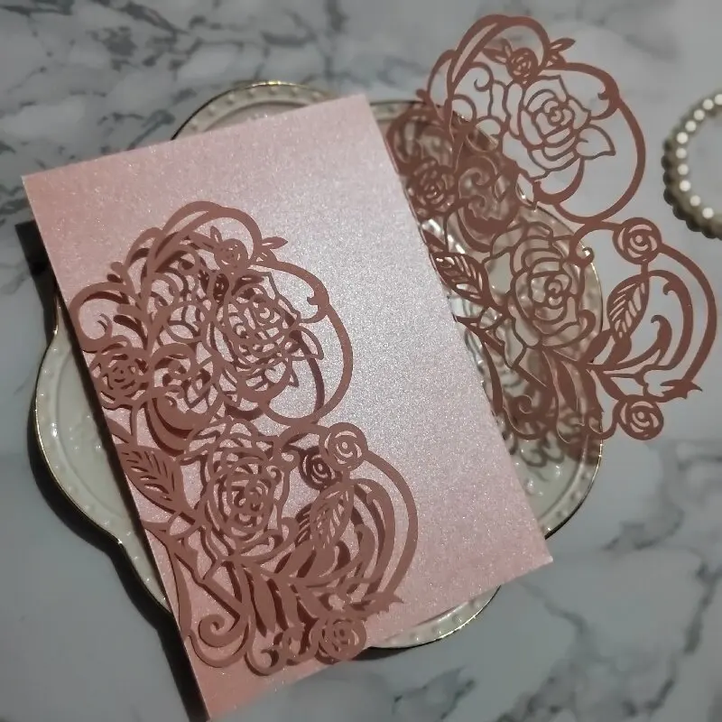 50pcs Laser Cut Pink Rose Vine Design Invitation Card Sleeves Wedding Invitation Covers Custom Wedding Invitation Card