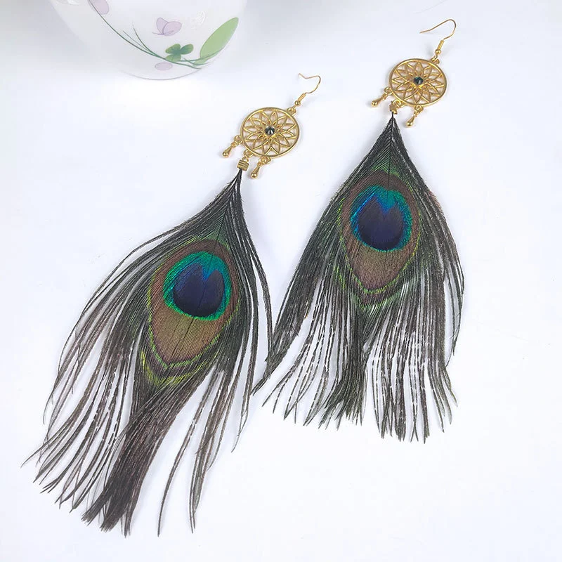 

Women Long Peacock Feather Earrings Jewelry Gold Color Dream Catcher Bohemian Statement Feather Earrings