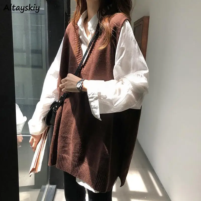 Women Sweater Vest Solid V-neck Loose Knitted Sleeveless Sweaters Female Simple Elegant Office Ladies Ulzzang Chic Popular New