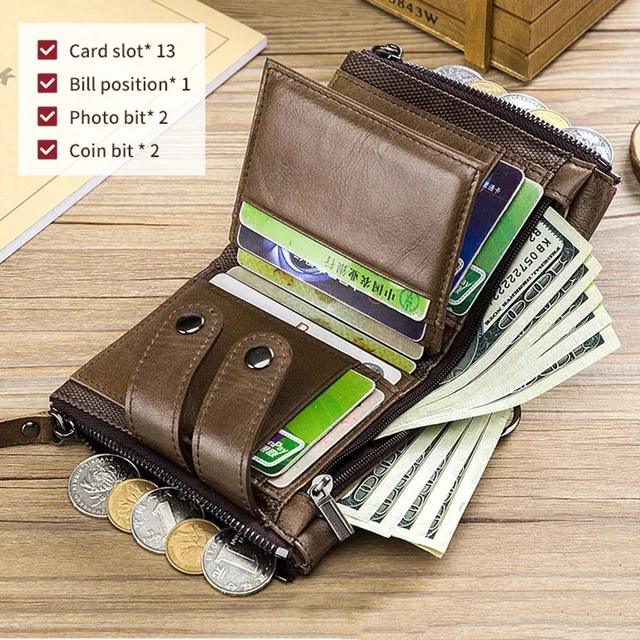 3 Fold RFID Blocking Vintage Genuine Leather Wallets Men chain Wallet Zipper Coin Purse Vertical Business Credit Card ID Holder 3