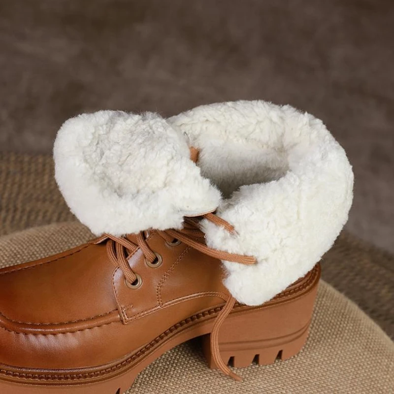 

NEW Winter Shoes Women Split Leather Boots Women Round Toe Chunky Boots Warm Plush Boots Fashion Snow Boots Women Platform Boots