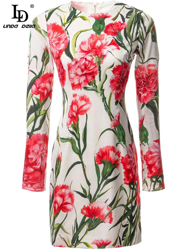 LD LINDA DELLA 2023 New Fashion Runway Spring Mini Dress Women Long sleeve Flower Print Slim Short Party Dress