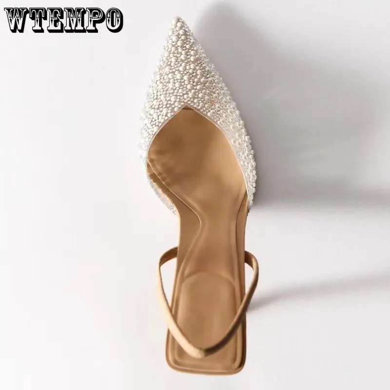 WTEMPO Women Pointed Head High Heeled Sandals Summer Sexy Shoes Fashion Pearl Decoration Slingback Pumps Wholesale Dropshipping