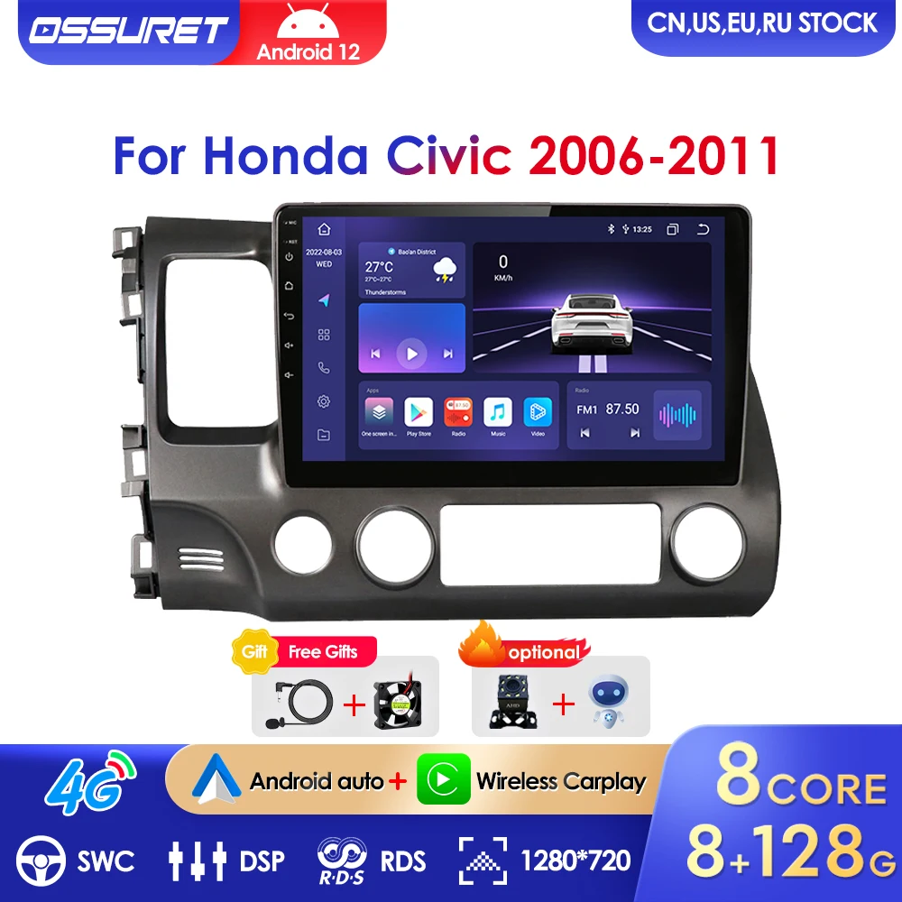 

Автомагнитола 2DIN, Android 12, AI, 4G, LTE, мультимедийный видеоплеер для Honda Civic 2006-2011, Авторадио Carplay, GPS, головное устройство DSP