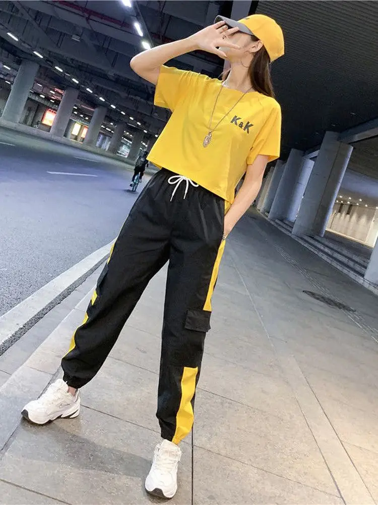 

Women Workout Clothes Sports Suit Korean Style Short-sleeved Gym Top Fitness Pants Two-piece Jogging Suit Female Athletic Wear