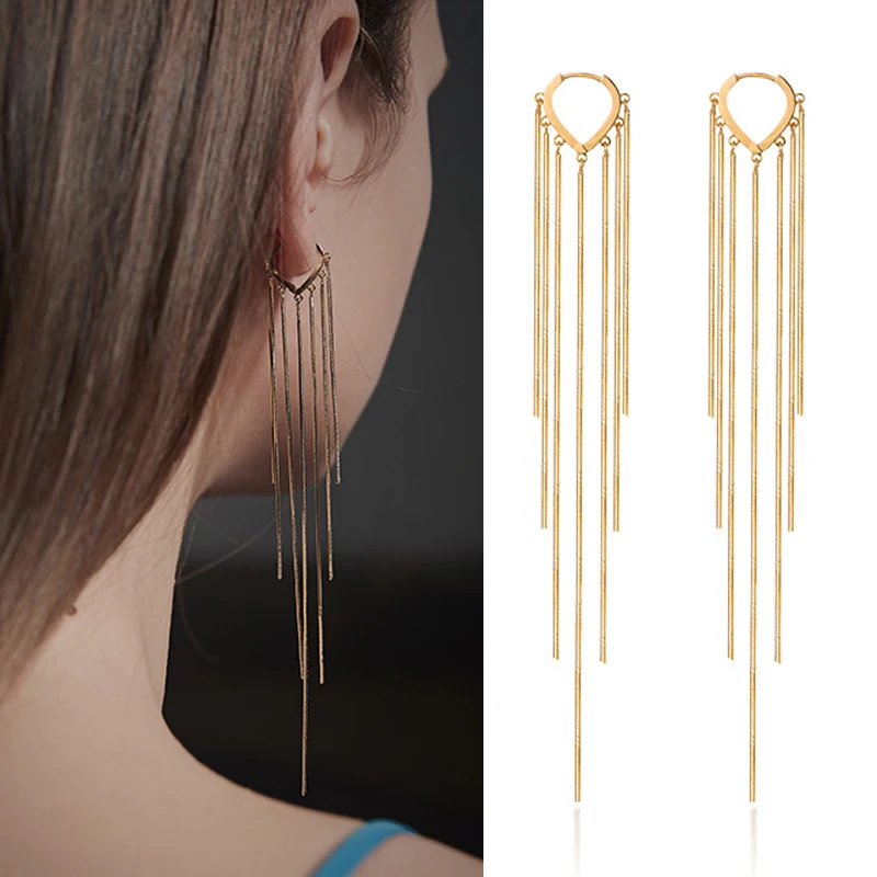 

2022 New Geometric Earrings Fashion Long Metal Tassel Drop Earrings Korean Joker Sweet Lovely Heart Elegant Women Earrings