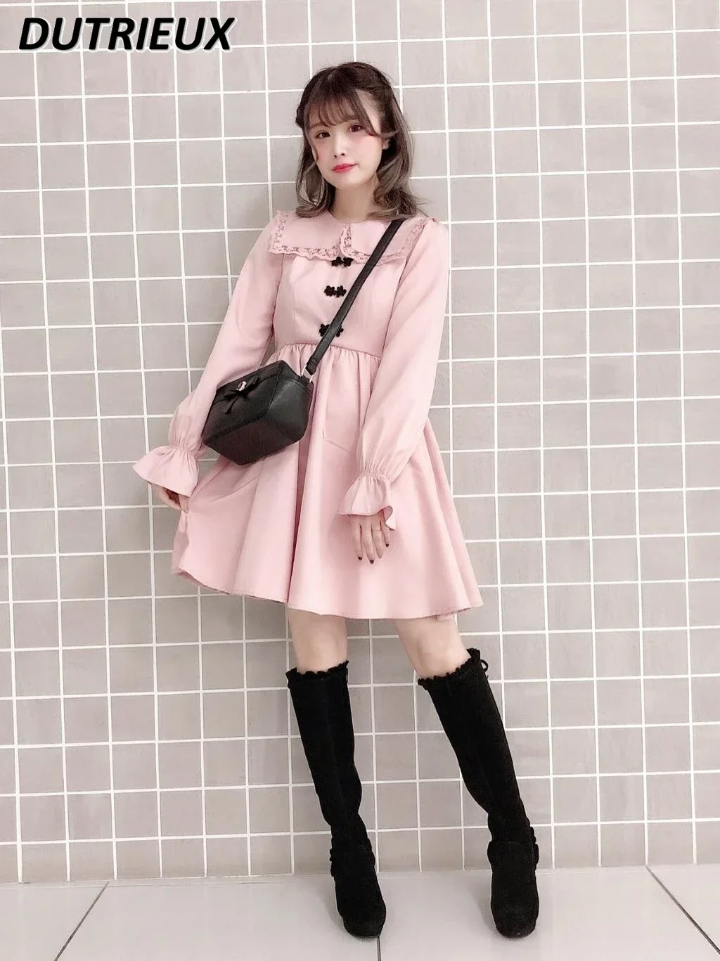 

Spring Autumn Women's Dresses Japanese Style Sweet and Cute Long Sleeve Dress Female Solid Color Elegant Casual Dress for Lady