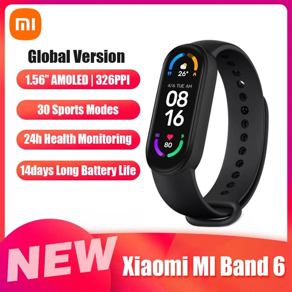 

Xiaomi Mi Band 6 Global Version Smart Bracelet Band 1.56 Inch AMOLED Fitness Tracker Heart Rate Monitor Miband 6 for Android iOS
