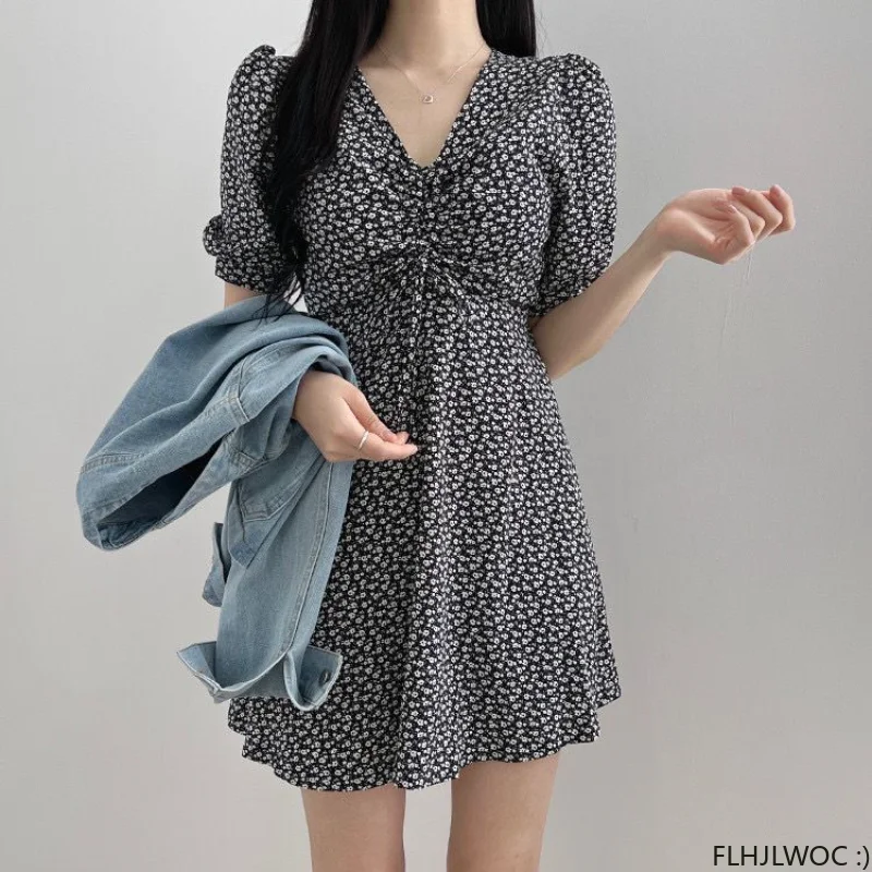 

Женское платье с драпировкой и бантом, элегантное корейское платье с коротким рукавом и V-образным вырезом, винтажное платье в стиле ретро с цветочным принтом в японском стиле для девушек, лето