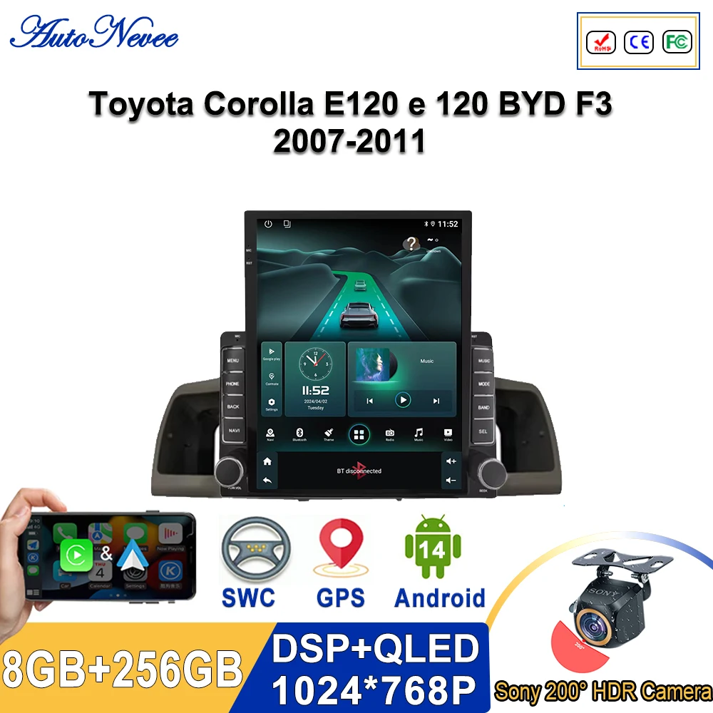 Фото 9,7-дюймовый Android 14 для Toyota Corolla E120 e 120 BYD F3 2007-2011 Автомобильный DVD-радио Carplay Автомультимедийный плеер GPS-навигация №1
