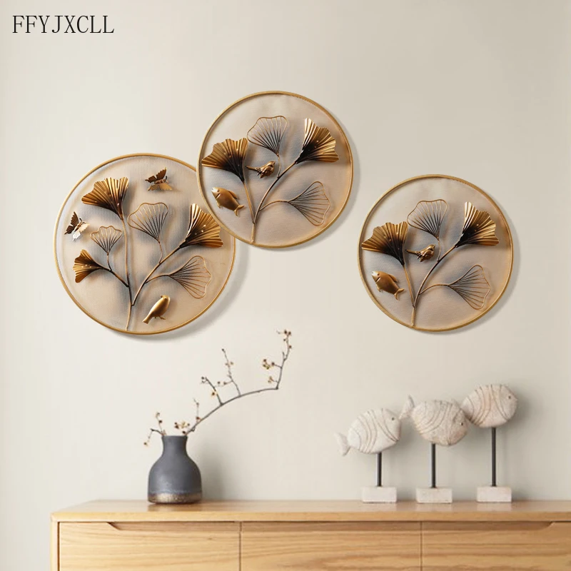 

New Chinese Porch wall decor Iron Restaurant Ginkgo Leaf Pendant Living Room Wall Hanging Sofa Background wall decor