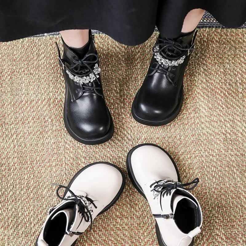 2021 Fashion Rhinestone Side Zipper Buckle Boots Ladies Solid Color Flat Non-slip Winter Keep Warm Lacing Comfortable Bare Boots