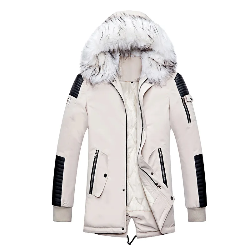 2022 Men's Big White Fur Collar Mid-length Cotton Coat