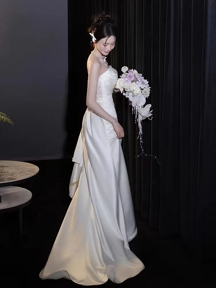 Французское белое топ-труба атласное легкое свадебное платье простое вечернее