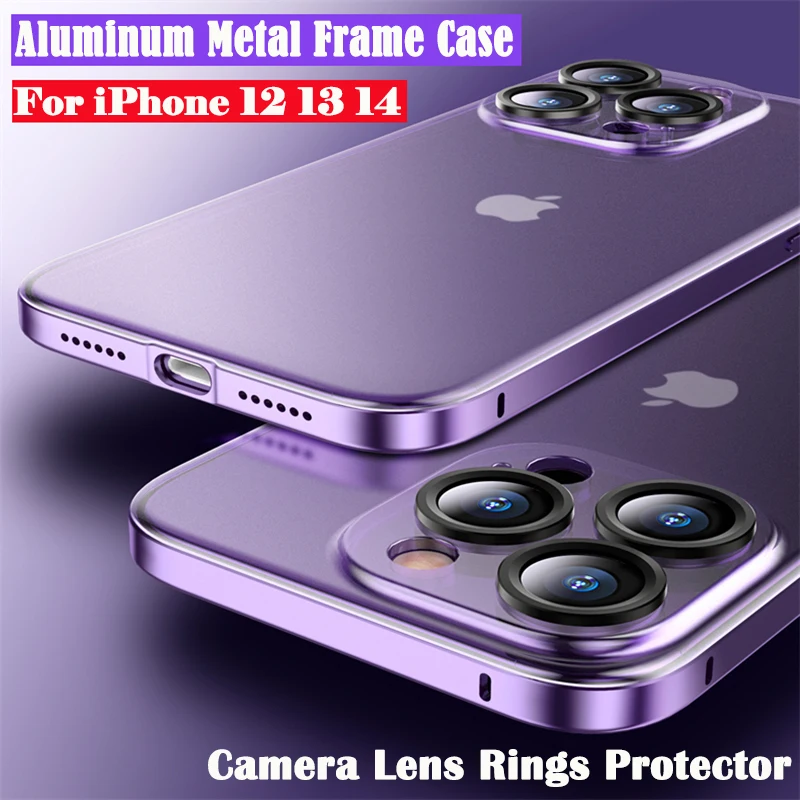 

Ultra thin Aluminum Metal Bumper Case For iPhone 14 13 12 Pro Max Matte Back Cover Lens Rings Protector