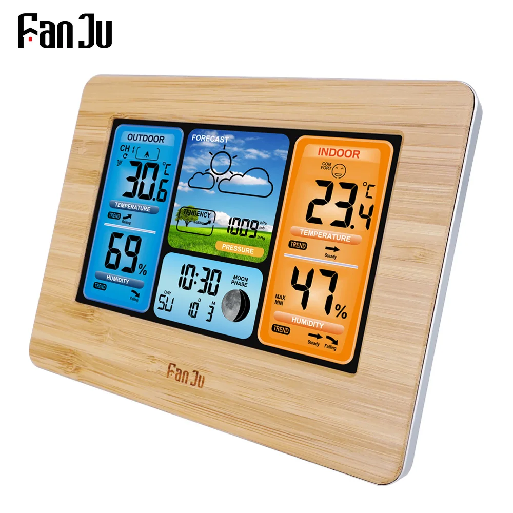 FanJu FJ3373 Weather Station Wall Clock Digital Temperature Humidity Barometer Forecast Backlight Snooze Alarm Wireless sensor