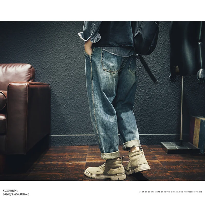 Men Clothing New Pattern Recreational Vintage Nostalgia Blue Jeans Comfortable Straight Cylinder Loose Haren Pants Autumn Female