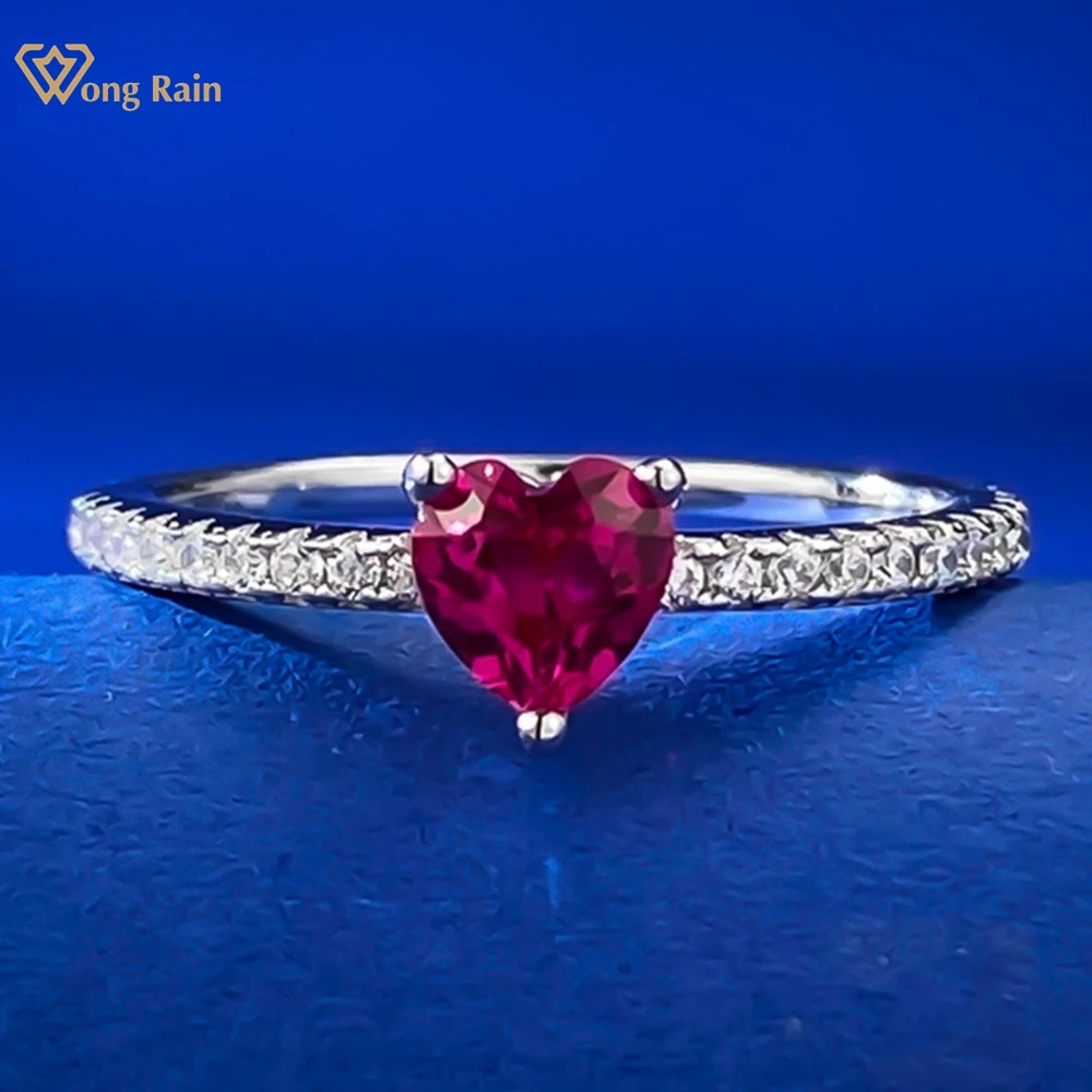 

Wong Rain, 100% Стерлинговое Серебро 925 пробы, рубин в форме сердца, высокоуглеродный алмаз, драгоценный камень для свадьбы, помолвки, Женское кольцо, ювелирные изделия, оптовая продажа