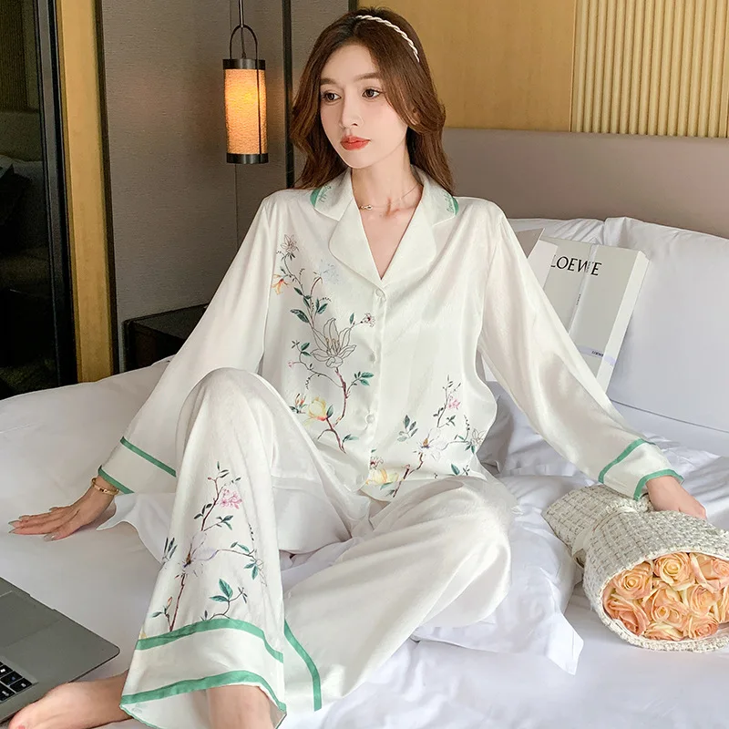 

Jxgarb Spring New Ice Silk Long Sleeve Pants Two Pieces Pajamas Sets Smooth Femme Leisure Print White Sleepwear
