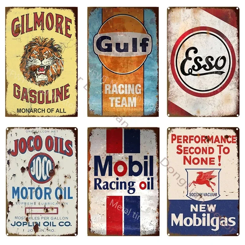 Винтаж Gulf ESSO Mobil Racing Металлическая жестяная вывеска Wadhams Gasolines Motor Oil Garage Service