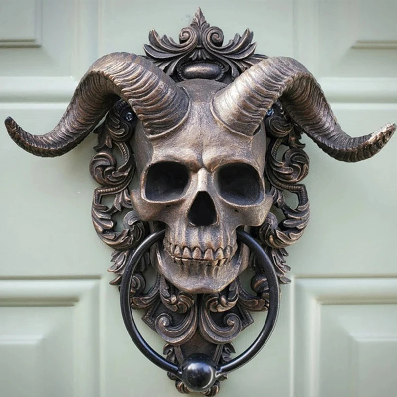 

Sabbatic Goat of Mendes Samael Lilith Baphomet Horned God Skull Hanging Door Knocker with Built Striker Plate Wall Decor Plaque