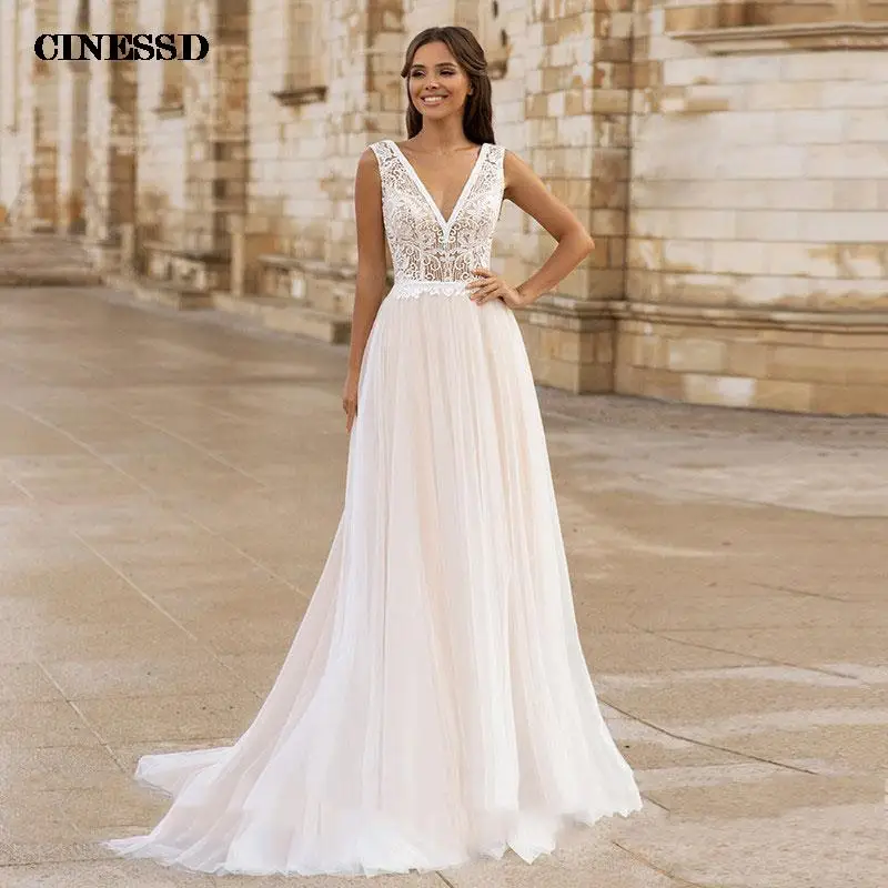 Простое Тюлевое свадебное платье 2022 с V-образным вырезом без рукавов открытой