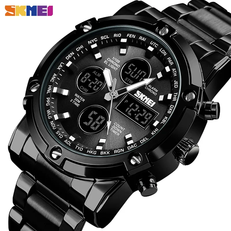 

SKMEI 1389 Quartz Digital Watch Men Countdown Steel Strap Wristwatch Clock Three Times Waterproof Mens Watch Relogio Masculino