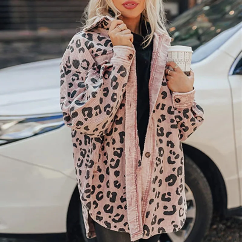 

Fashion Women Leopard Print Coat Streetwear Fall Winter Vintage Buttoned Lapel Jackets Ladies Casual Loose Long Sleeve Outerwear
